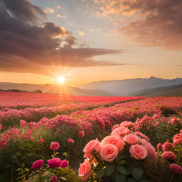 A field of roses with a mountain in the background at sunset