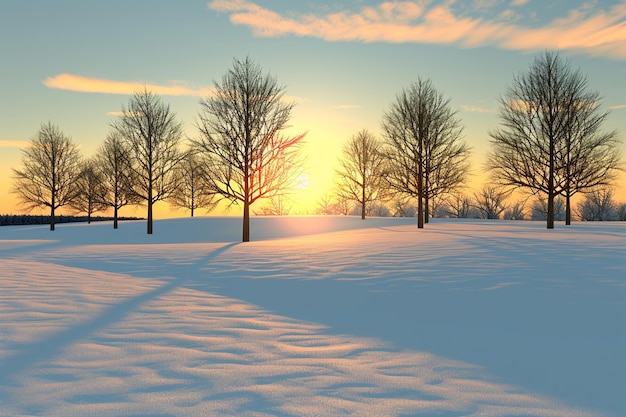 a field of snow covered trees with the sun shining through the trees