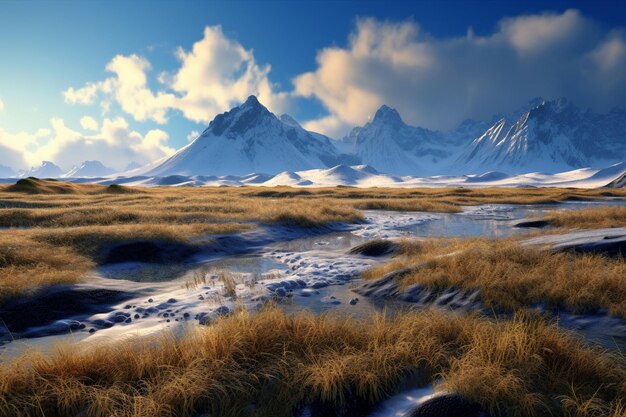 a field of snow with a mountain in the background