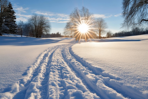 a field of snow with the sun shining through the trees