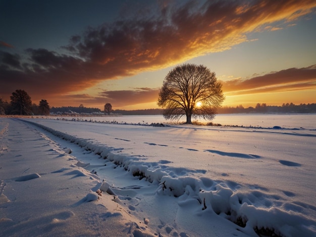 a field of snow with a tree in the middle of it