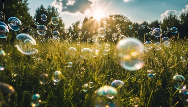 A field of soap bubbles with the sun shining through the clouds.