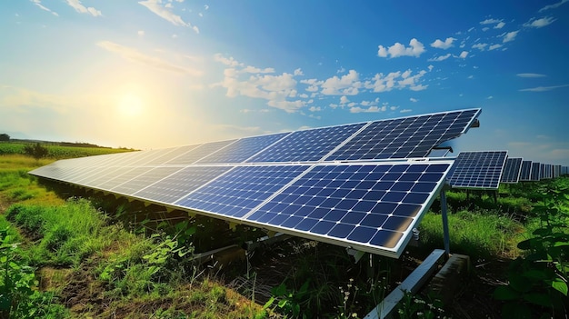 A field of solar panels under a blue sky with white clouds