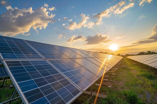 Field solar panels captures golden hour light stunning display of sustainable energy generation