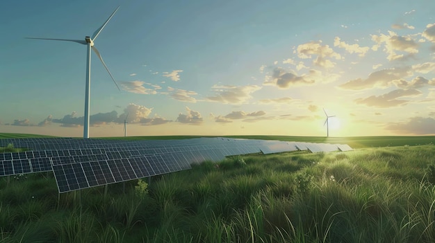 A field of solar panels and wind turbines stand in a field at sunset