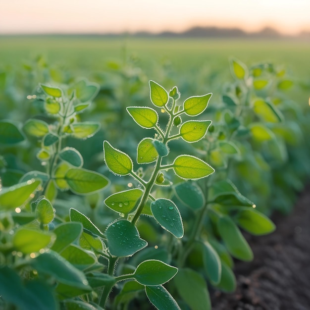 Photo a field of soybeans with the sun behind them