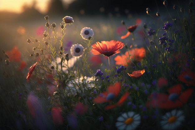 Field of spring flowers at sunset Created with generative AI technology