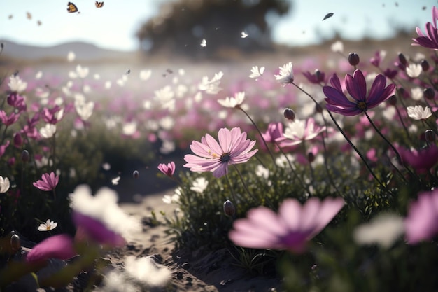 Field of spring flowers with flying petals closeup AI Generation