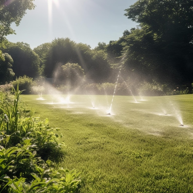 A field of sprinklers that are being sprayed with water.