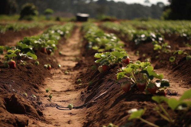 A field of strawberries with a mountain in the background