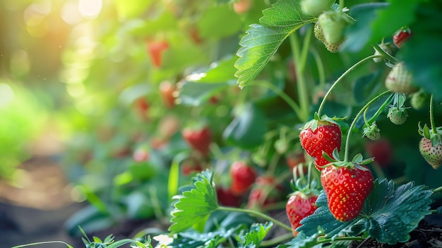 a field of strawberries with the sun shining through them