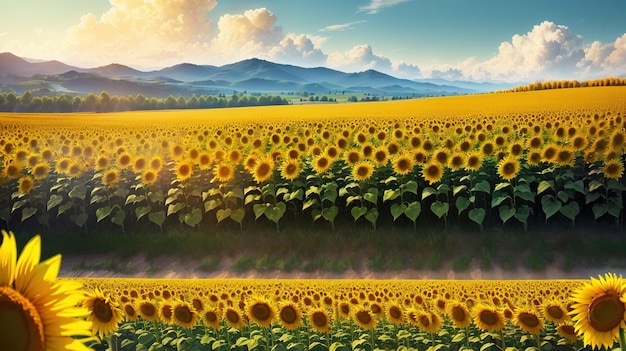 field of sunflowers on a background of blue sky with clouds