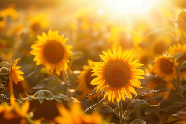 A field of sunflowers basking in the golden sunlight