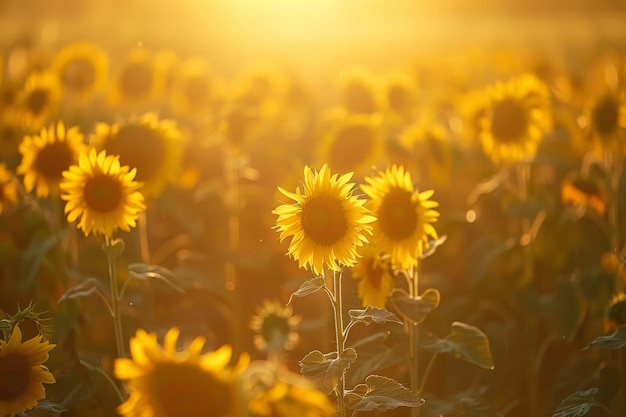 A field of sunflowers basking in the golden sunlight