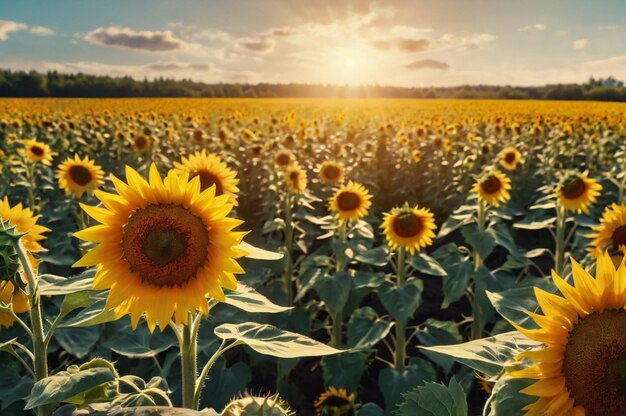 Field of sunflowers under a bright sun