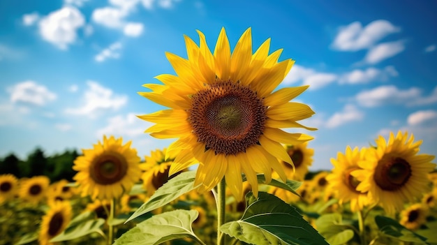 A field of sunflowers is shown against a blue sky.