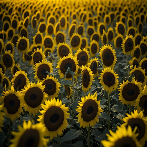 A field of sunflowers is shown with a black center.