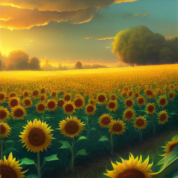 Field of sunflowers on a sunny day generative ai