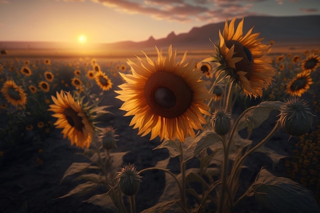 Field of sunflowers at sunset evening landscape AI Generative