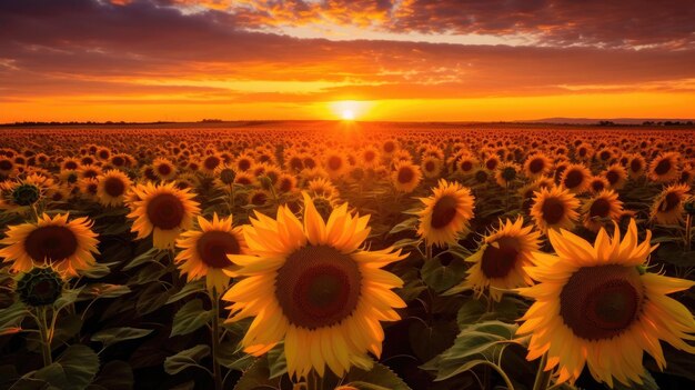 a field of sunflowers at sunset