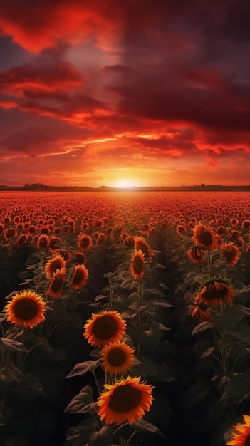 A field of sunflowers at sunset.