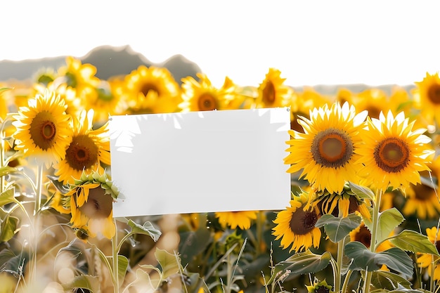 A field of sunflowers swaying gently in the breeze with a blank white banner