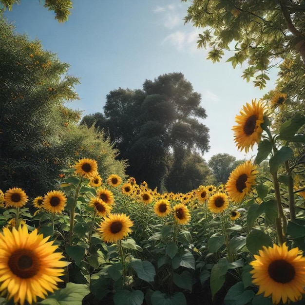 a field of sunflowers with a blue sky in the background