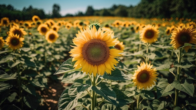 A field of sunflowers with a blue sky in the background