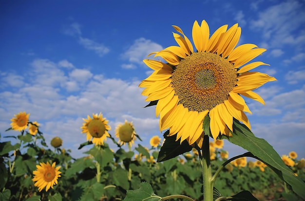 A field of sunflowers with a blue sky in the background