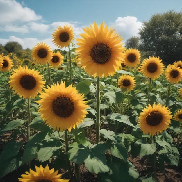 a field of sunflowers with a blue sky and clouds in the background