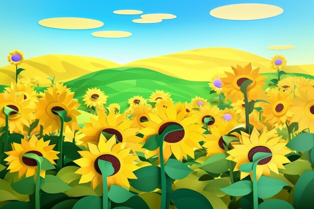 A field of sunflowers with a blue sky and clouds in the background.