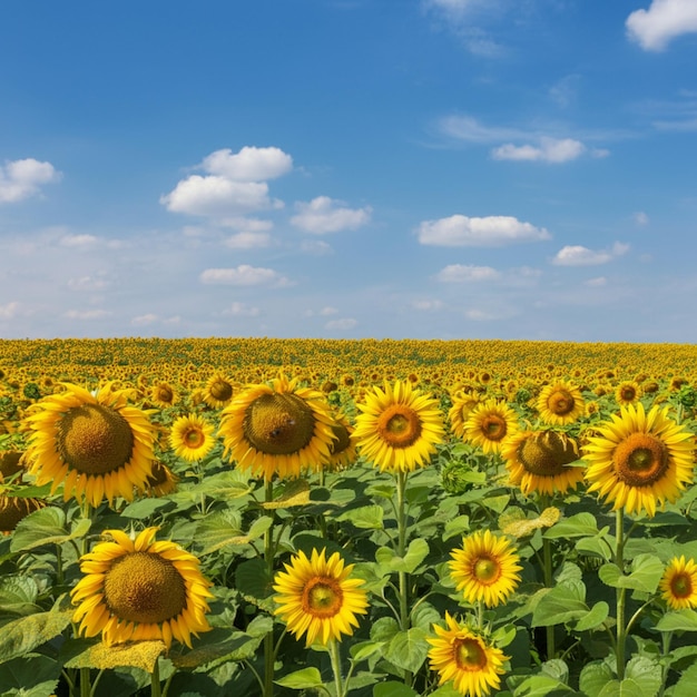 a field of sunflowers with a blue sky and clouds in the background