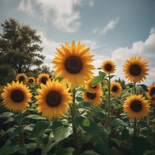 a field of sunflowers with a cloudy sky in the background