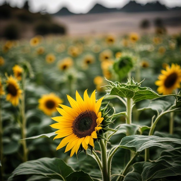 a field of sunflowers with a mountain in the background