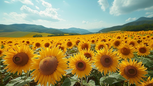 a field of sunflowers with the mountains in the background