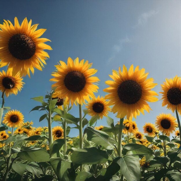 a field of sunflowers with the sky in the background