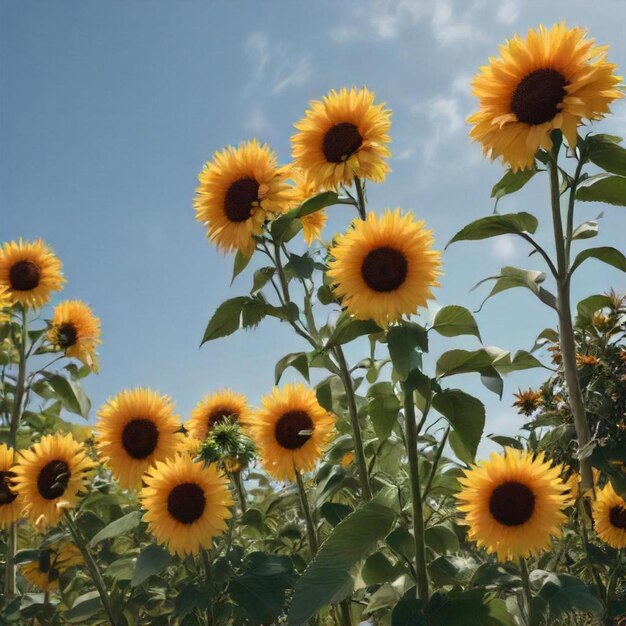 a field of sunflowers with the sky in the background