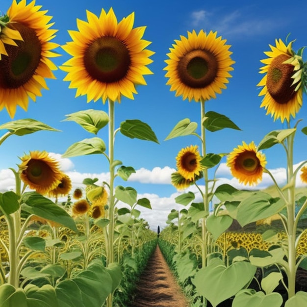 a field of sunflowers with a sky background