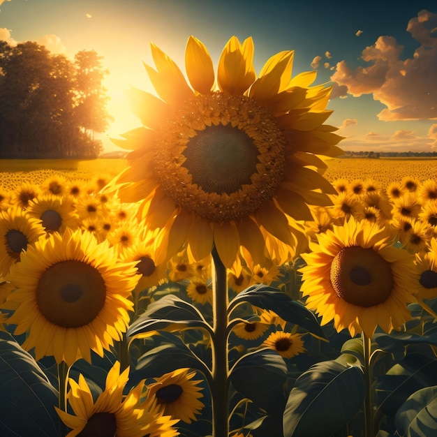 A field of sunflowers with the sun behind it