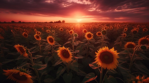 A field of sunflowers with the sun setting behind it