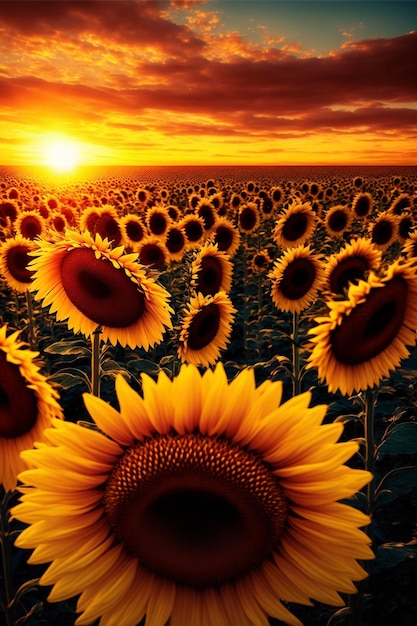 Field of sunflowers with a sunset in the background generative ai