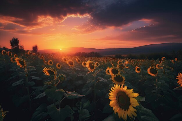 A field of sunflowers with a sunset in the background