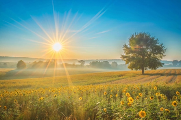 Photo a field of sunflowers with a tree in the background