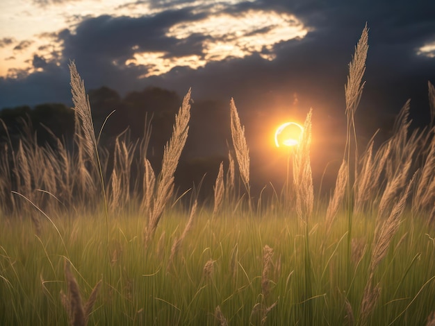 A field of tall grass with the sun setting behind it