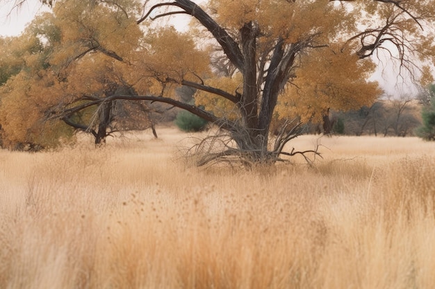 A field of tall grass with a tree in the foreground