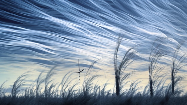 A field of tall grass with a wind turbine in the foreground.