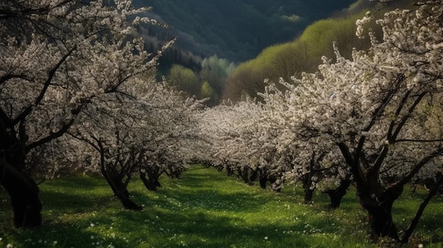 A field of trees with a green field and a field of flowers.