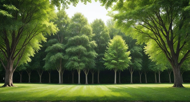 Photo a field of trees with a green lawn and a field with a tree in the background