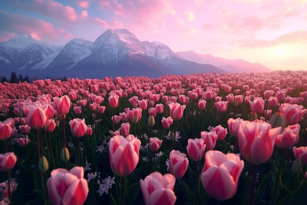 Field of tulip flower with snow capped mountain background during sunrise Generative Ai