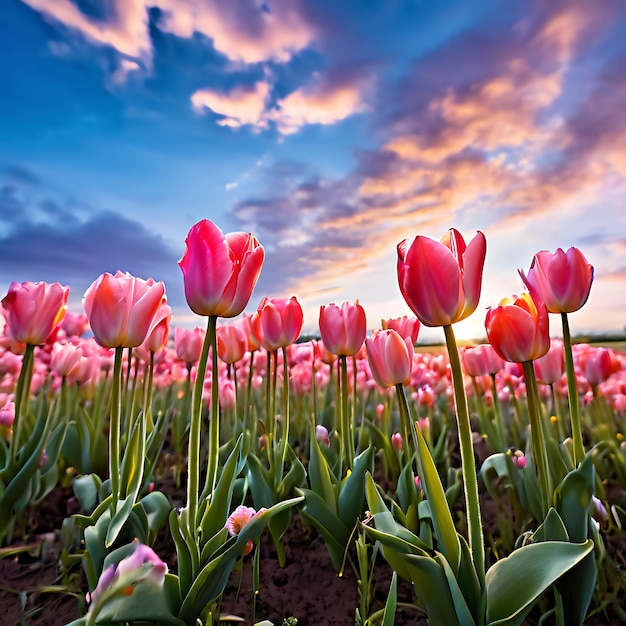 Photo field tulips bloom pastel sky